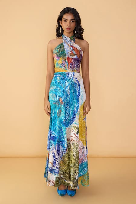 Saaksha & Kinni Multi Color Cotton, Silk Halter Neck Scribble Dense Shailee Printed Dress Online at Aza Fashions Saaksha & Kinni_Multi Color Cotton, Silk Halter Neck Scribble Dense Shailee Printed Dress _Online_at_Aza_Fashions