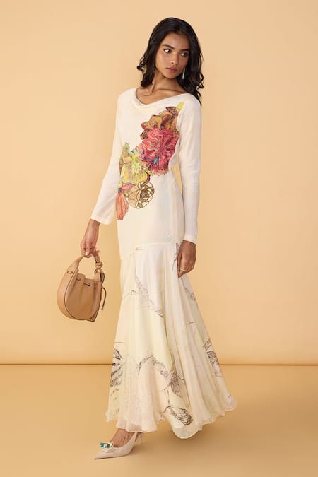 Saaksha & Kinni Multi Color Crepe, Chiffon Cowl Neck Daisy Fiona Printed Dress Online at Aza Fashions Saaksha & Kinni_Multi Color Crepe, Chiffon Cowl Neck Daisy Fiona Printed Dress _Online_at_Aza_Fashions