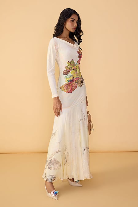 Buy Saaksha & Kinni Multi Color Crepe, Chiffon Cowl Neck Daisy Fiona Printed Dress Online at Aza Fashions Buy_Saaksha & Kinni_Multi Color Crepe, Chiffon Cowl Neck Daisy Fiona Printed Dress _Online_at_Aza_Fashions