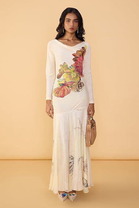 Shop Saaksha & Kinni Multi Color Crepe, Chiffon Cowl Neck Daisy Fiona Printed Dress Online at Aza Fashions Shop_Saaksha & Kinni_Multi Color Crepe, Chiffon Cowl Neck Daisy Fiona Printed Dress _Online_at_Aza_Fashions