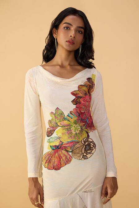 Buy Saaksha & Kinni Multi Color Crepe, Chiffon Cowl Neck Daisy Fiona Printed Dress Buy_Saaksha & Kinni_Multi Color Crepe, Chiffon Cowl Neck Daisy Fiona Printed Dress