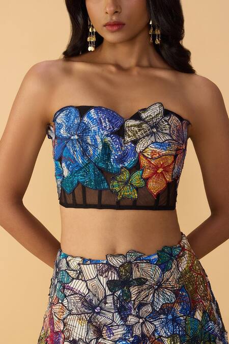 Buy_Saaksha & Kinni_Multi Color Crepe, Cotton Satin Cut Scribble Dense Zoya Printed Lehenga Skirt _Online_at_Aza_Fashions