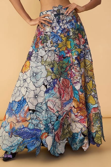 Shop_Saaksha & Kinni_Multi Color Crepe, Cotton Satin Cut Scribble Dense Zoya Printed Lehenga Skirt 