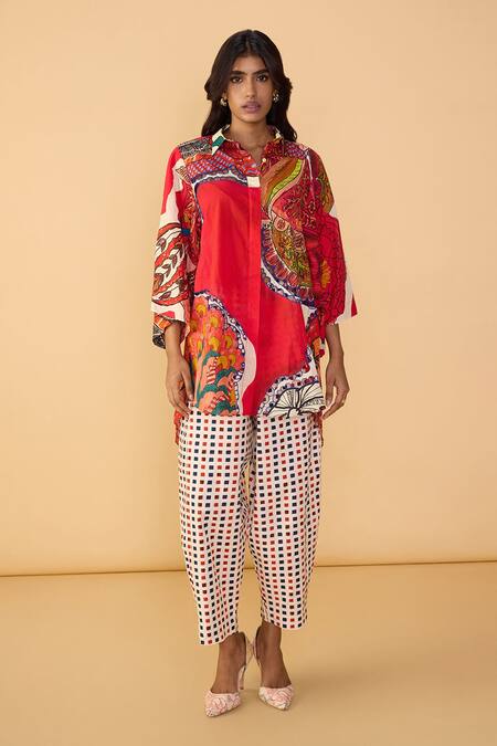 Saaksha & Kinni Red Cambric Embroidery, Cut Work Collared Velvet Rasha Printed Shirt Tunic Online at Aza Fashions Saaksha & Kinni_Red Cambric Embroidery, Cut Work Collared Velvet Rasha Printed Shirt Tunic _Online_at_Aza_Fashions