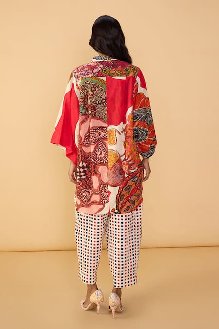 Shop Saaksha & Kinni Red Cambric Embroidery, Cut Work Collared Velvet Rasha Printed Shirt Tunic at Aza Fashions Shop_Saaksha & Kinni_Red Cambric Embroidery, Cut Work Collared Velvet Rasha Printed Shirt Tunic _at_Aza_Fashions