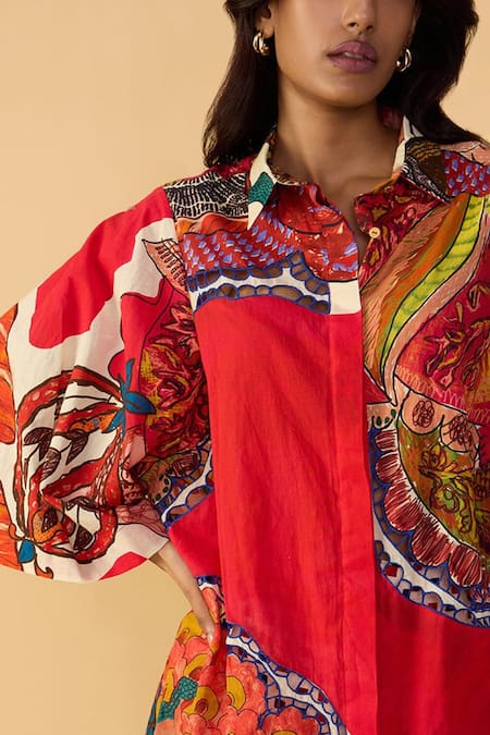 Shop Saaksha & Kinni Red Cambric Embroidery, Cut Work Collared Velvet Rasha Printed Shirt Tunic Online at Aza Fashions Shop_Saaksha & Kinni_Red Cambric Embroidery, Cut Work Collared Velvet Rasha Printed Shirt Tunic _Online_at_Aza_Fashions