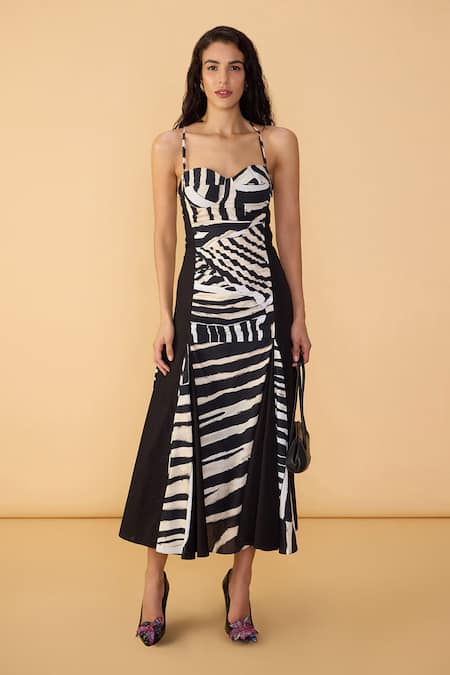 Saaksha & Kinni Black Cambric, Poplin Sweetheart Neck And White Stripe Mila Dress 