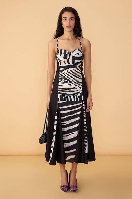 Saaksha & Kinni_Black Cambric, Poplin Sweetheart Neck And White Stripe Mila Dress _Online_at_Aza_Fashions