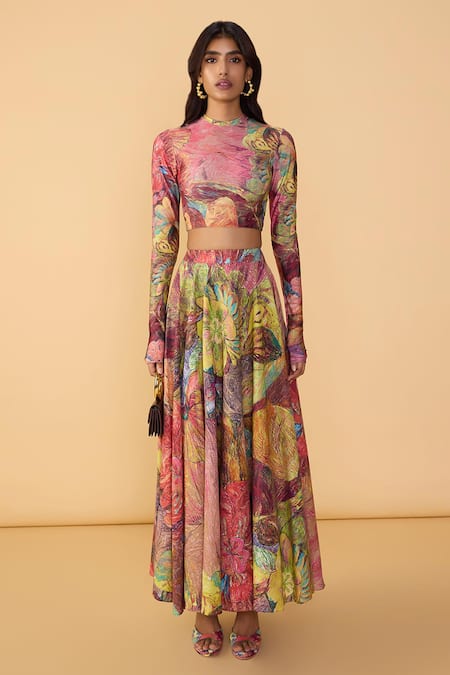 Saaksha & Kinni_Pink Lycra High Neck Floroscent Daisy Gigi Blouse _Online_at_Aza_Fashions