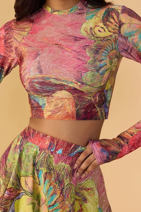 Saaksha & Kinni_Pink Lycra High Neck Floroscent Daisy Gigi Blouse _at_Aza_Fashions