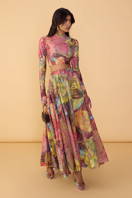 Saaksha & Kinni Pink Cambric Floroscent Daisy Peony Printed Skirt 