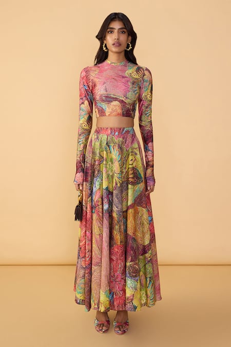 Saaksha & Kinni_Pink Cambric Floroscent Daisy Peony Printed Skirt _Online_at_Aza_Fashions