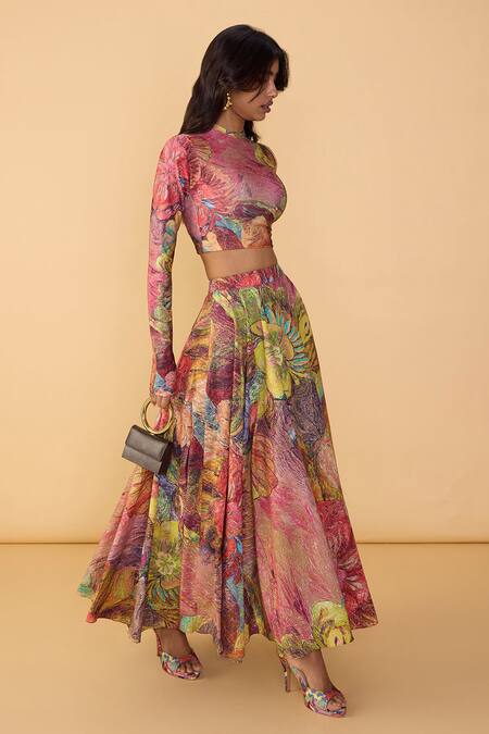 Shop_Saaksha & Kinni_Pink Cambric Floroscent Daisy Peony Printed Skirt _Online_at_Aza_Fashions