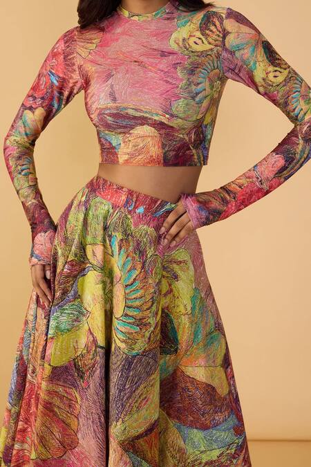 Saaksha & Kinni_Pink Cambric Floroscent Daisy Peony Printed Skirt _at_Aza_Fashions