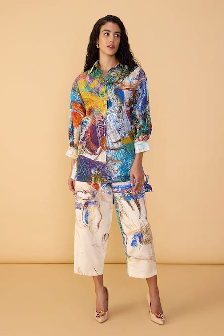 Saaksha & Kinni_Multi Color Cambric Applique, Embroidery Collared Scribble Dense Armida Shirt _Online_at_Aza_Fashions