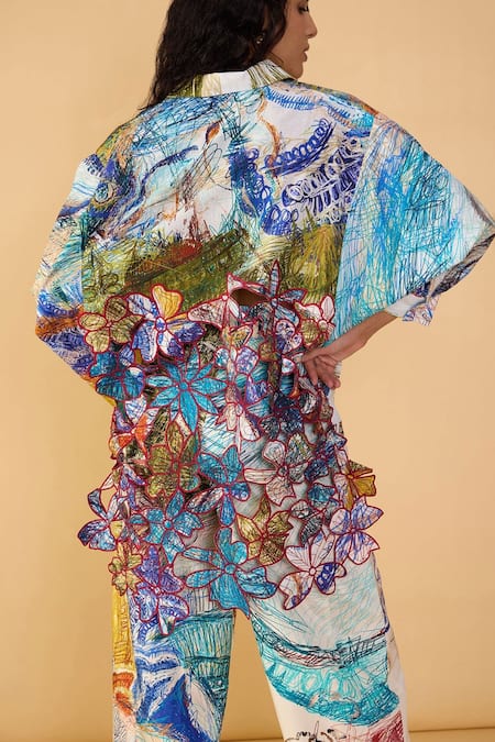 Shop_Saaksha & Kinni_Multi Color Cambric Applique, Embroidery Collared Scribble Dense Armida Shirt _Online_at_Aza_Fashions