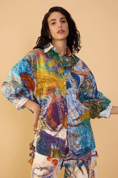 Saaksha & Kinni_Multi Color Cambric Applique, Embroidery Collared Scribble Dense Armida Shirt _at_Aza_Fashions