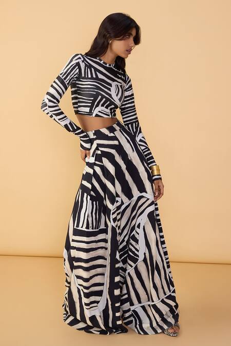 Shop Saaksha & Kinni Black Lycra Boat Neck And White Stripe Gigi Blouse Online at Aza Fashions Shop_Saaksha & Kinni_Black Lycra Boat Neck And White Stripe Gigi Blouse _Online_at_Aza_Fashions