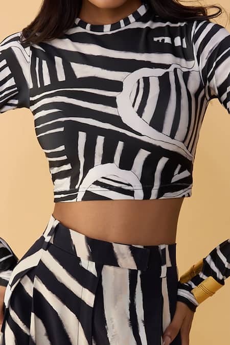 Saaksha & Kinni Black Lycra Boat Neck And White Stripe Gigi Blouse at Aza Fashions Saaksha & Kinni_Black Lycra Boat Neck And White Stripe Gigi Blouse _at_Aza_Fashions