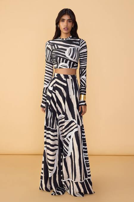 Saaksha & Kinni_Black Crepe And White Stripe Saylor Palazzo _Online_at_Aza_Fashions