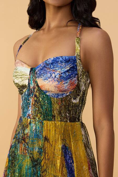 Shop_Saaksha & Kinni_Blue Chiffon Sweetheart Neck Scribble Dense Kiara Printed Dress _Online_at_Aza_Fashions