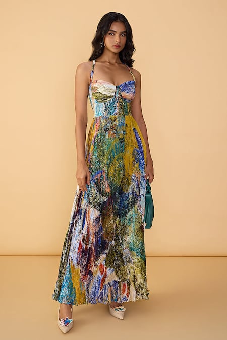 Saaksha & Kinni Blue Chiffon Sweetheart Neck Scribble Dense Kiara Printed Dress 