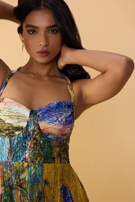 Saaksha & Kinni_Blue Chiffon Sweetheart Neck Scribble Dense Kiara Printed Dress _at_Aza_Fashions