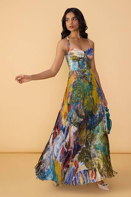 Buy_Saaksha & Kinni_Blue Chiffon Sweetheart Neck Scribble Dense Kiara Printed Dress 