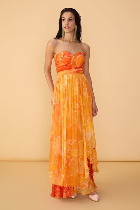 Saaksha & Kinni Orange Chiffon Sweetheart Neck Ombre Amora Printed Dress Online at Aza Fashions Saaksha & Kinni_Orange Chiffon Sweetheart Neck Ombre Amora Printed Dress _Online_at_Aza_Fashions