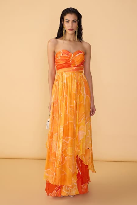 Buy Saaksha & Kinni Orange Chiffon Sweetheart Neck Ombre Amora Printed Dress Online at Aza Fashions Buy_Saaksha & Kinni_Orange Chiffon Sweetheart Neck Ombre Amora Printed Dress _Online_at_Aza_Fashions