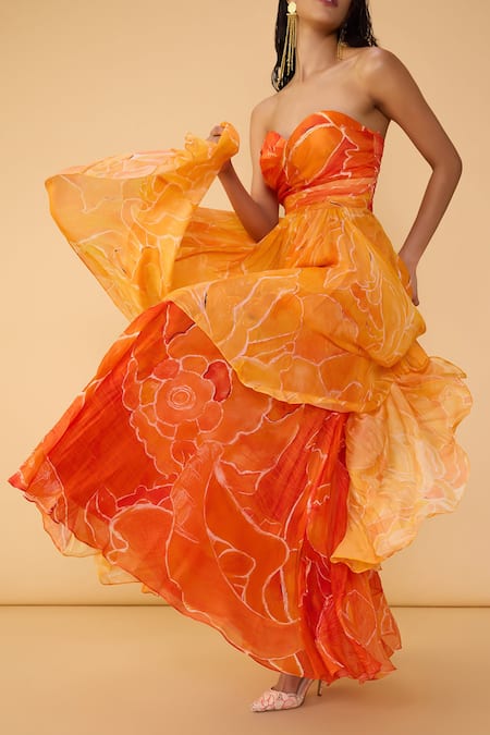 Shop Saaksha & Kinni Orange Chiffon Sweetheart Neck Ombre Amora Printed Dress Online at Aza Fashions Shop_Saaksha & Kinni_Orange Chiffon Sweetheart Neck Ombre Amora Printed Dress _Online_at_Aza_Fashions