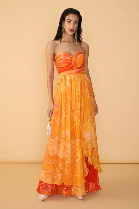 Saaksha & Kinni Orange Chiffon Sweetheart Neck Ombre Amora Printed Dress at Aza Fashions Saaksha & Kinni_Orange Chiffon Sweetheart Neck Ombre Amora Printed Dress _at_Aza_Fashions