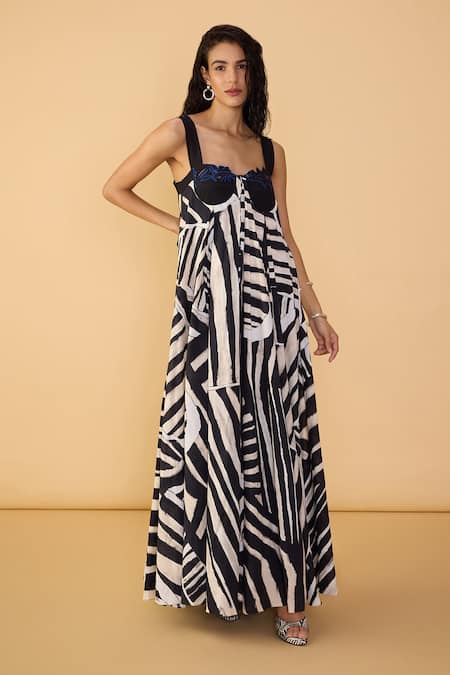 Shop Saaksha & Kinni Black Cambric Embroidery, Cut Work, Applique And White Stripe Vivi Dress Online at Aza Fashions Shop_Saaksha & Kinni_Black Cambric Embroidery, Cut Work, Applique And White Stripe Vivi Dress _Online_at_Aza_Fashions