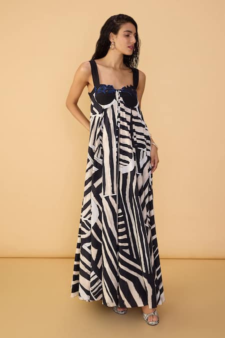 Saaksha & Kinni Black Cambric Embroidery, Cut Work, Applique And White Stripe Vivi Dress at Aza Fashions Saaksha & Kinni_Black Cambric Embroidery, Cut Work, Applique And White Stripe Vivi Dress _at_Aza_Fashions