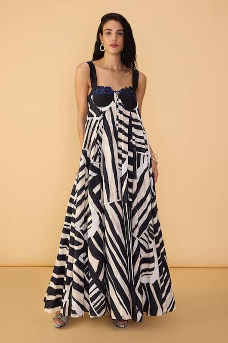 Saaksha & Kinni Black Cambric Embroidery, Cut Work, Applique And White Stripe Vivi Dress 