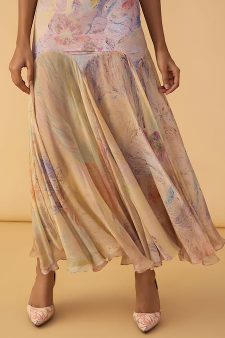 Saaksha & Kinni_Pink Lycra, Chiffon Sweetheart Neck Daisy Aria Printed Dress _Online_at_Aza_Fashions