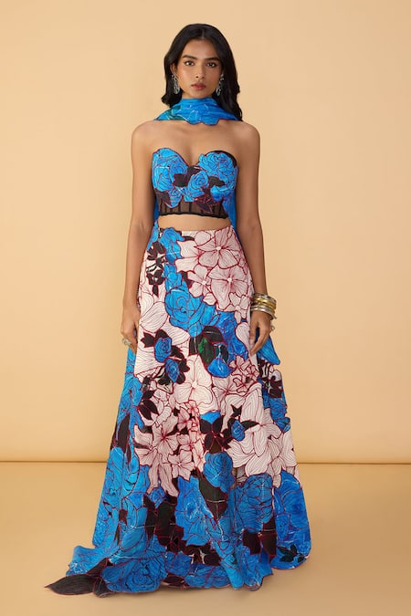 Saaksha & Kinni Blue Net, Crepe Embroidery, Applique Sweetheart Neck Rose Starla Bustier 
