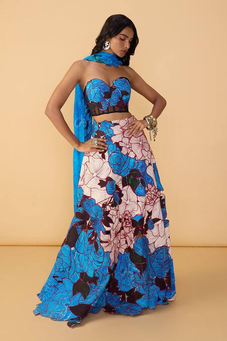 Shop Saaksha & Kinni Blue Net, Crepe Embroidery, Applique Sweetheart Neck Rose Starla Bustier Online at Aza Fashions Shop_Saaksha & Kinni_Blue Net, Crepe Embroidery, Applique Sweetheart Neck Rose Starla Bustier _Online_at_Aza_Fashions