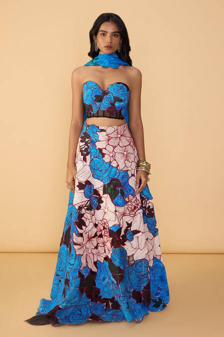 Saaksha & Kinni_Blue Crepe, Cotton Embroidery Sachi Rose Print Lehenga _Online_at_Aza_Fashions