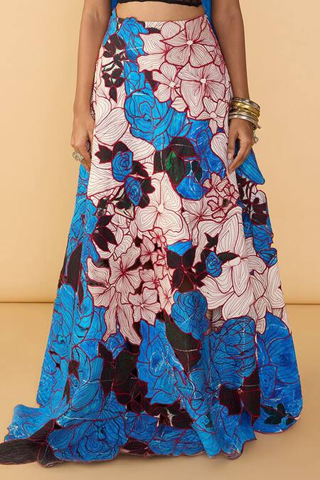 Buy_Saaksha & Kinni_Blue Crepe, Cotton Embroidery Sachi Rose Print Lehenga 