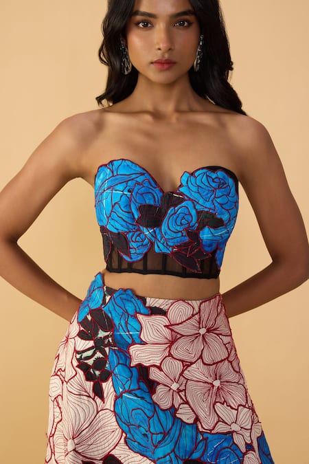 Shop_Saaksha & Kinni_Blue Crepe, Cotton Embroidery Sachi Rose Print Lehenga 