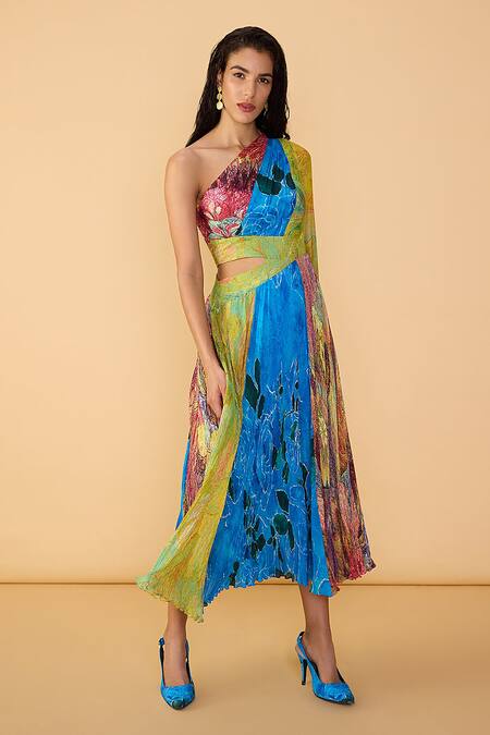 Saaksha & Kinni Multi Color Chiffon One Shoulder Floroscent Rose Shay Printed Dress Online at Aza Fashions Saaksha & Kinni_Multi Color Chiffon One Shoulder Floroscent Rose Shay Printed Dress _Online_at_Aza_Fashions