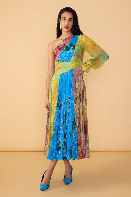Saaksha & Kinni Multi Color Chiffon One Shoulder Floroscent Rose Shay Printed Dress