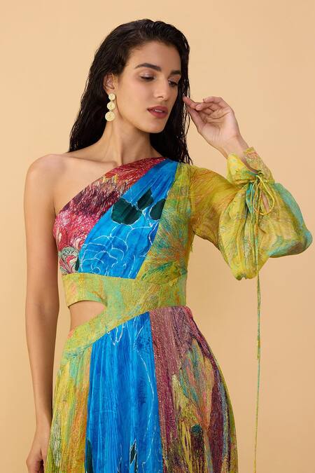 Saaksha & Kinni Multi Color Chiffon One Shoulder Floroscent Rose Shay Printed Dress at Aza Fashions Saaksha & Kinni_Multi Color Chiffon One Shoulder Floroscent Rose Shay Printed Dress _at_Aza_Fashions
