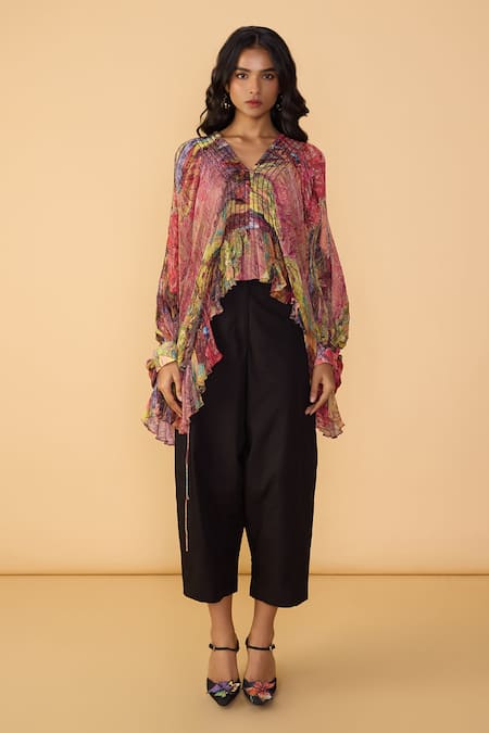 Saaksha & Kinni_Pink V-neck Flororoscent Daisy Heather Printed Blouse _Online_at_Aza_Fashions