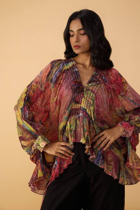 Buy_Saaksha & Kinni_Pink V-neck Flororoscent Daisy Heather Printed Blouse _Online_at_Aza_Fashions