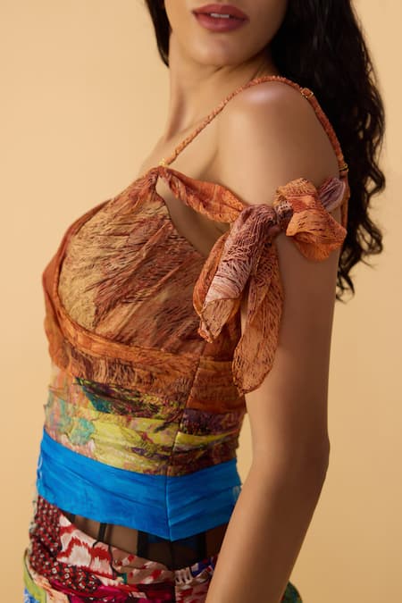 Saaksha & Kinni_Multi Color Chiffon, Net V-neck Print Alex Dress _Online_at_Aza_Fashions