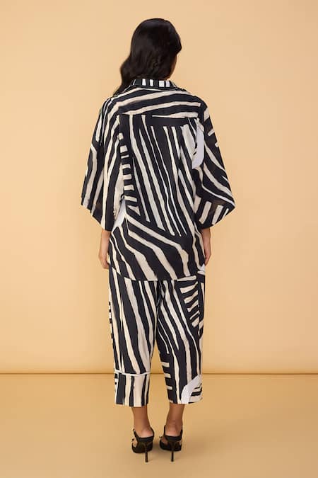 Shop_Saaksha & Kinni_Black Cambric Embroidery, Applique, Cut Work Collared And White Stripe Blake Shirt _at_Aza_Fashions