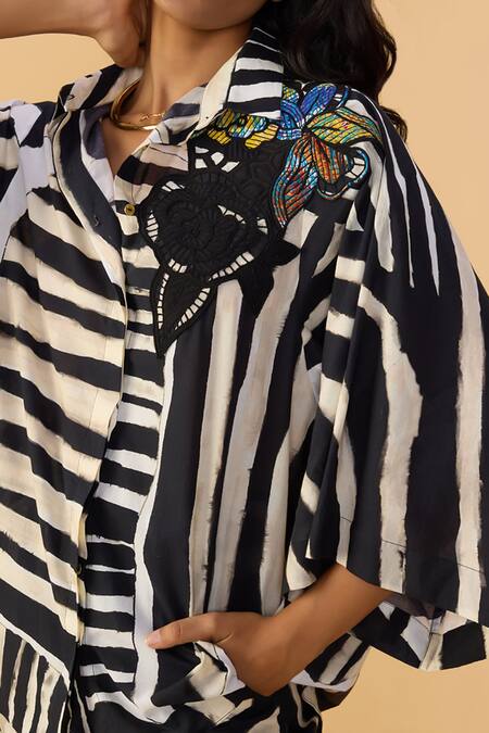 Shop_Saaksha & Kinni_Black Cambric Embroidery, Applique, Cut Work Collared And White Stripe Blake Shirt _Online_at_Aza_Fashions
