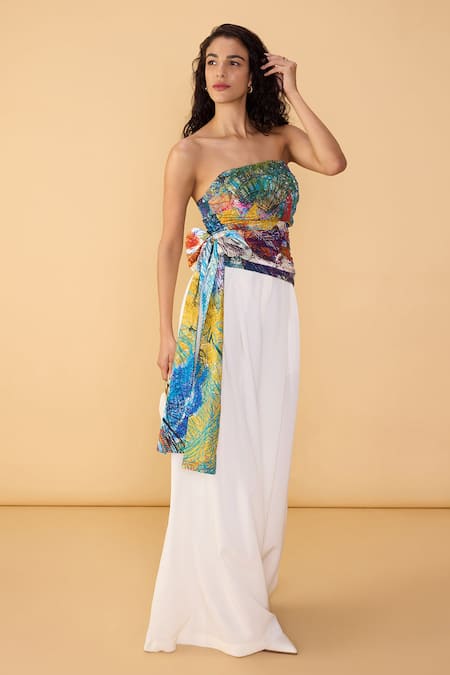 Saaksha & Kinni Multi Color Cotton, Silk Bandeau Neck Scribble Dense Strapless Amina Blouse Online at Aza Fashions Saaksha & Kinni_Multi Color Cotton, Silk Bandeau Neck Scribble Dense Strapless Amina Blouse _Online_at_Aza_Fashions